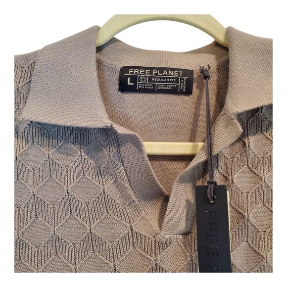 NWT FREE PLANET SZ L Men's Short Sleeve Pullover Polo Sweater Shirt Brown - Picture 3 of 11